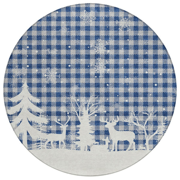 HomeRoots 8' Round Plaid Area Rug in Blue, Ivory & Gray - Stylish, Washable, Durable for Indoor & Outdoor Use 621654