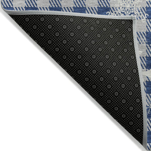 HomeRoots 8' Round Plaid Area Rug in Blue, Ivory & Gray - Stylish, Washable, Durable for Indoor & Outdoor Use 621654