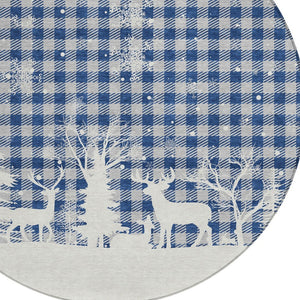 HomeRoots 8' Round Plaid Area Rug in Blue, Ivory & Gray - Stylish, Washable, Durable for Indoor & Outdoor Use 621654