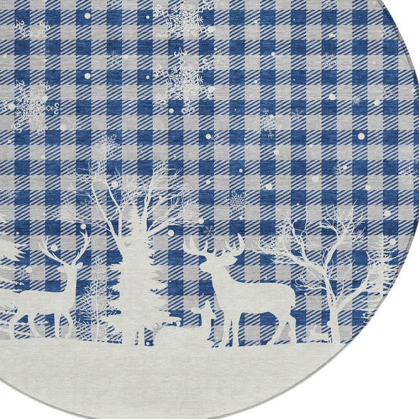 HomeRoots 8' Round Plaid Area Rug in Blue, Ivory & Gray - Stylish, Washable, Durable for Indoor & Outdoor Use 621654