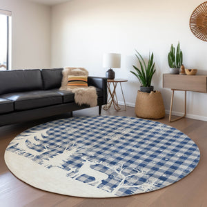 HomeRoots 8' Round Plaid Area Rug in Blue, Ivory & Gray - Stylish, Washable, Durable for Indoor & Outdoor Use 621654