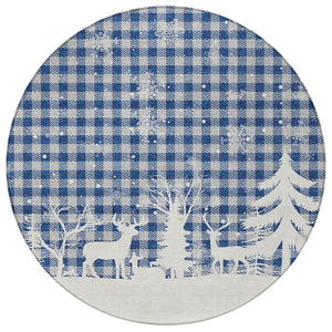 HomeRoots 8' Round Plaid Area Rug in Blue, Ivory & Gray - Stylish, Washable, Durable for Indoor & Outdoor Use 621654