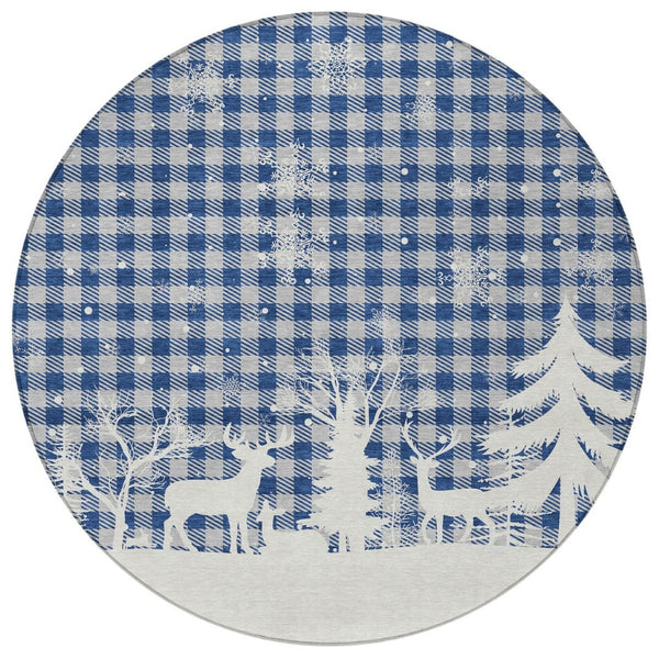 HomeRoots 8' Round Plaid Area Rug in Blue, Ivory & Gray - Stylish, Washable, Durable for Indoor & Outdoor Use 621654