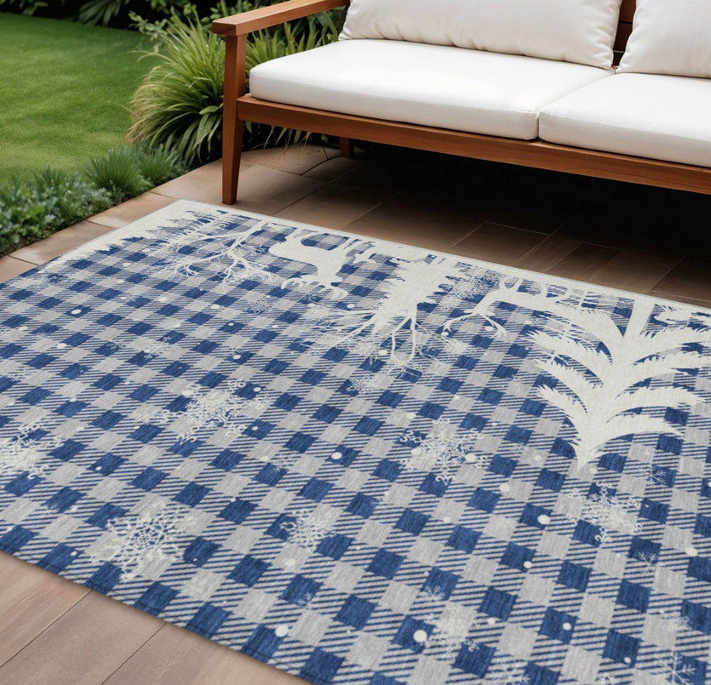 HomeRoots 9' Stylish Blue, Ivory & Gray Plaid Washable Indoor/Outdoor Area Rug - Durable, Easy Care Design! 621656