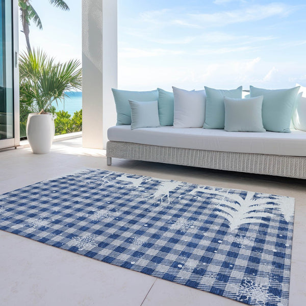 HomeRoots 9' Stylish Blue, Ivory & Gray Plaid Washable Indoor/Outdoor Area Rug - Durable, Easy Care Design! 621656