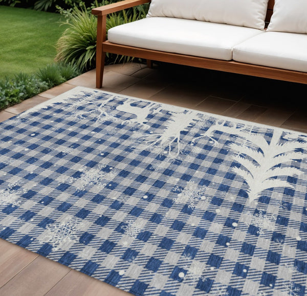 HomeRoots 10' X 14' Blue Ivory Gray Plaid Rug - Durable, Washable Area Rug for Indoor & Outdoor Spaces 621657