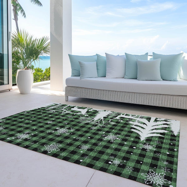 HomeRoots 5' X 8' Green Black Ivory Plaid Area Rug – Durable Washable Design for Indoor & Outdoor Spaces 621659