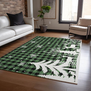 HomeRoots 5' X 8' Green Black Ivory Plaid Area Rug – Durable Washable Design for Indoor & Outdoor Spaces 621659