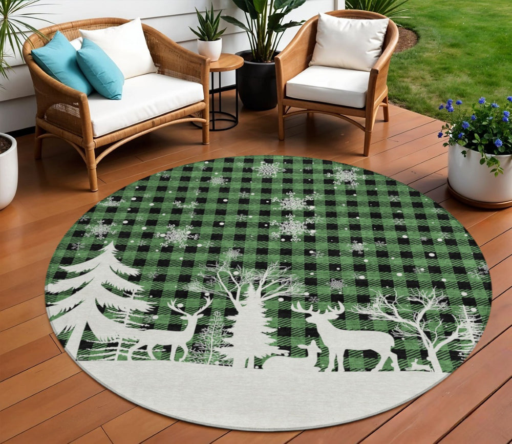 HomeRoots 8' Round Plaid Area Rug in Green, Black & Ivory – Durable, Washable for Indoor & Outdoor Use! 621660
