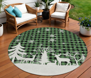 HomeRoots 8' Round Plaid Area Rug in Green, Black & Ivory – Durable, Washable for Indoor & Outdoor Use! 621660