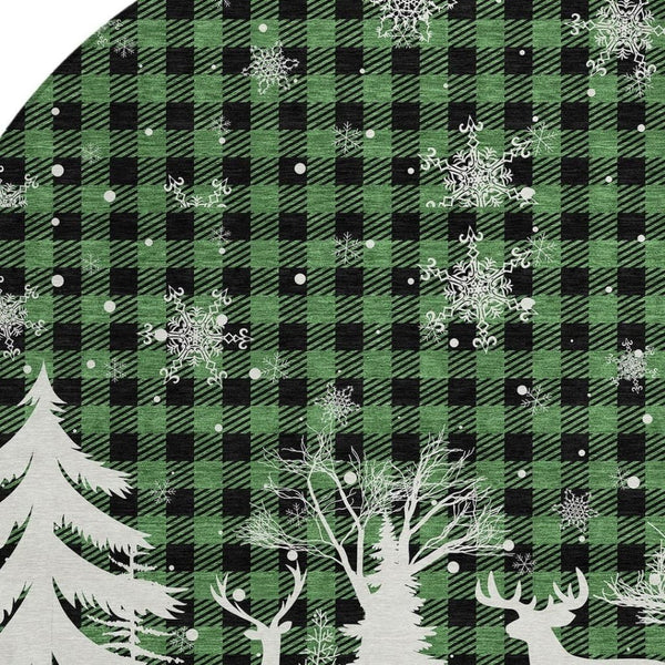 HomeRoots 8' Round Plaid Area Rug in Green, Black & Ivory – Durable, Washable for Indoor & Outdoor Use! 621660