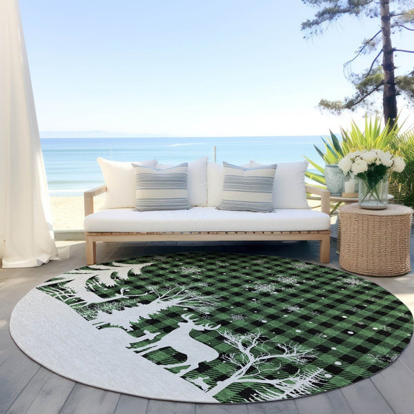 HomeRoots 8' Round Plaid Area Rug in Green, Black & Ivory – Durable, Washable for Indoor & Outdoor Use! 621660