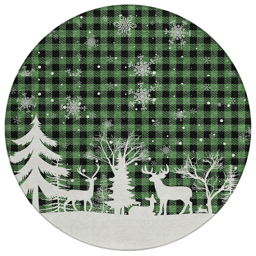 HomeRoots 8' Round Plaid Area Rug in Green, Black & Ivory – Durable, Washable for Indoor & Outdoor Use! 621660