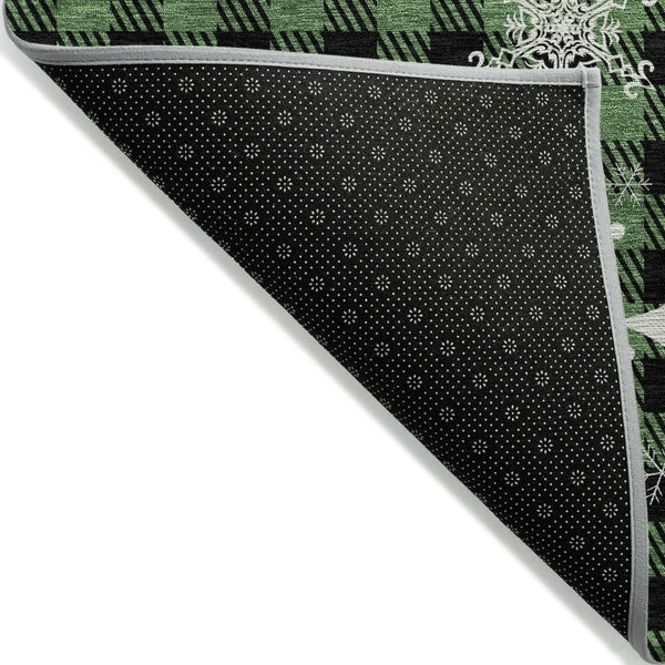 HomeRoots 8' Round Plaid Area Rug in Green, Black & Ivory – Durable, Washable for Indoor & Outdoor Use! 621660