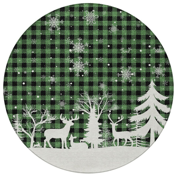 HomeRoots 8' Round Plaid Area Rug in Green, Black & Ivory – Durable, Washable for Indoor & Outdoor Use! 621660