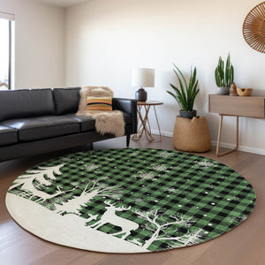 HomeRoots 8' Round Plaid Area Rug in Green, Black & Ivory – Durable, Washable for Indoor & Outdoor Use! 621660
