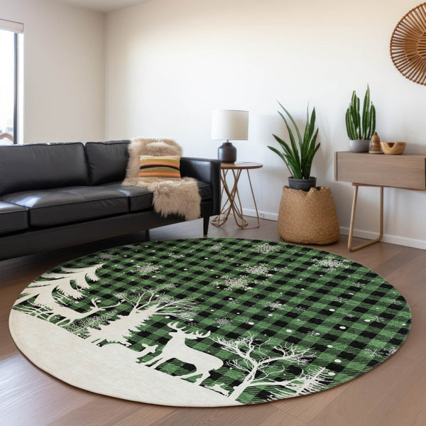HomeRoots 8' Round Plaid Area Rug in Green, Black & Ivory – Durable, Washable for Indoor & Outdoor Use! 621660