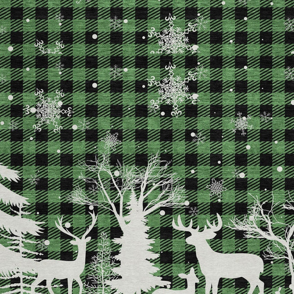 HomeRoots 8' Round Plaid Area Rug in Green, Black & Ivory – Durable, Washable for Indoor & Outdoor Use! 621660