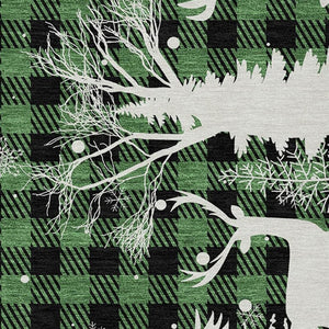 HomeRoots 8' X 10' Stylish Green, Black, and Ivory Plaid Washable Area Rug for Indoor & Outdoor Spaces 621661