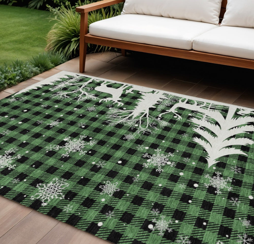 HomeRoots 9' X 12' Washable Indoor Outdoor Area Rug in Green, Black & Ivory Plaid - Durable, Stylish & Versatile 621662