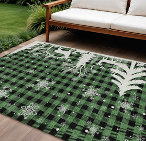 HomeRoots 9' X 12' Washable Indoor Outdoor Area Rug in Green, Black & Ivory Plaid - Durable, Stylish & Versatile 621662