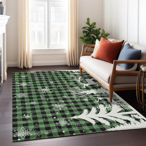 HomeRoots 10' Classic Plaid Area Rug in Green, Black, and Ivory - Durable, Washable for Indoor & Outdoor Use 621663