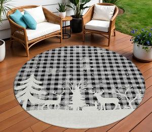 HomeRoots 8' Gray Black and Ivory Round Plaid Area Rug – Durable, Washable, Stylish for Indoor & Outdoor Use 621672