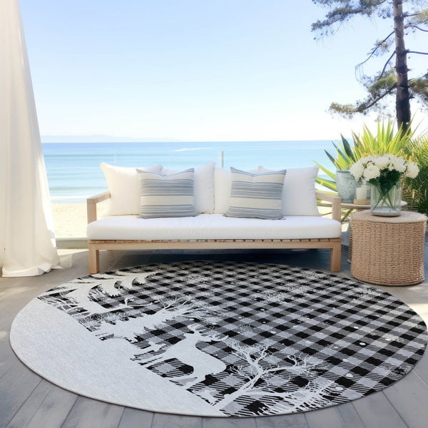 HomeRoots 8' Gray Black and Ivory Round Plaid Area Rug – Durable, Washable, Stylish for Indoor & Outdoor Use 621672