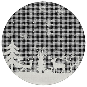 HomeRoots 8' Gray Black and Ivory Round Plaid Area Rug – Durable, Washable, Stylish for Indoor & Outdoor Use 621672