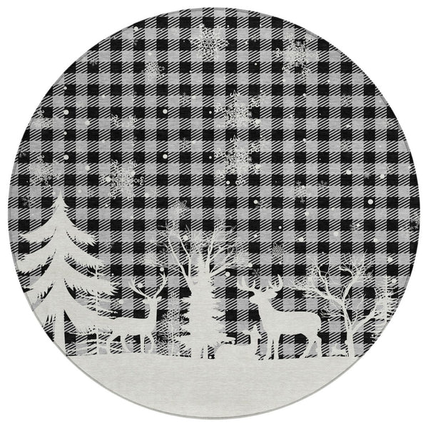 HomeRoots 8' Gray Black and Ivory Round Plaid Area Rug – Durable, Washable, Stylish for Indoor & Outdoor Use 621672