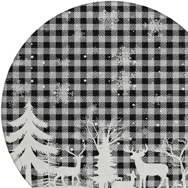 HomeRoots 8' Gray Black and Ivory Round Plaid Area Rug – Durable, Washable, Stylish for Indoor & Outdoor Use 621672
