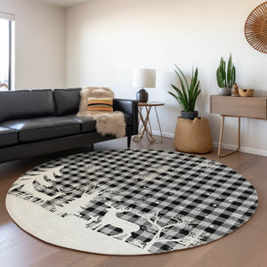 HomeRoots 8' Gray Black and Ivory Round Plaid Area Rug – Durable, Washable, Stylish for Indoor & Outdoor Use 621672