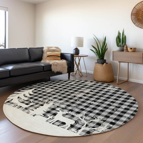 HomeRoots 8' Gray Black and Ivory Round Plaid Area Rug – Durable, Washable, Stylish for Indoor & Outdoor Use 621672