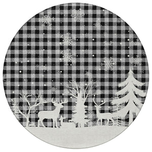 HomeRoots 8' Gray Black and Ivory Round Plaid Area Rug – Durable, Washable, Stylish for Indoor & Outdoor Use 621672