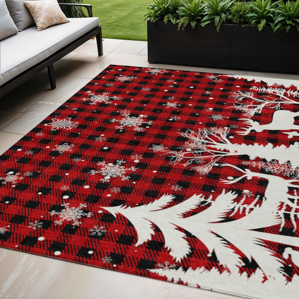 HomeRoots 5' X 8' Stylish Red Black Ivory Plaid Washable Area Rug - Durable for Indoor & Outdoor Spaces! 621677