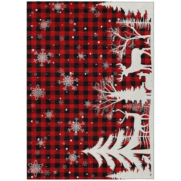 HomeRoots 5' X 8' Stylish Red Black Ivory Plaid Washable Area Rug - Durable for Indoor & Outdoor Spaces! 621677