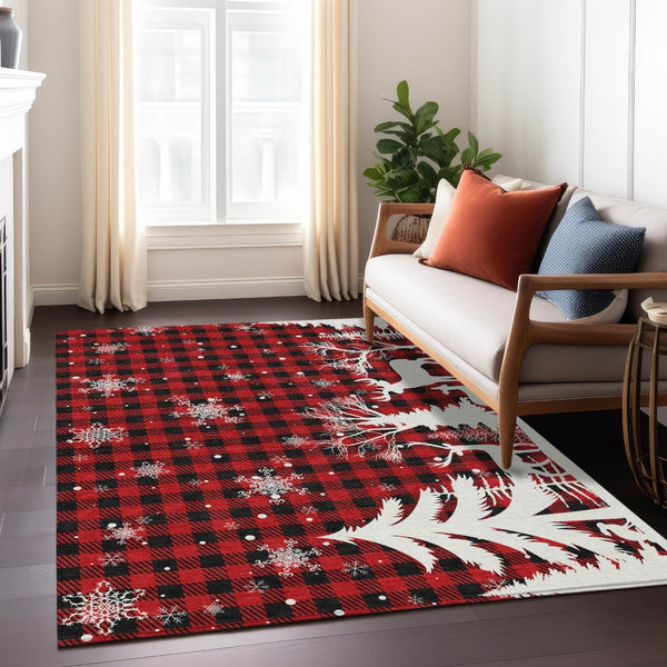 HomeRoots 5' X 8' Stylish Red Black Ivory Plaid Washable Area Rug - Durable for Indoor & Outdoor Spaces! 621677