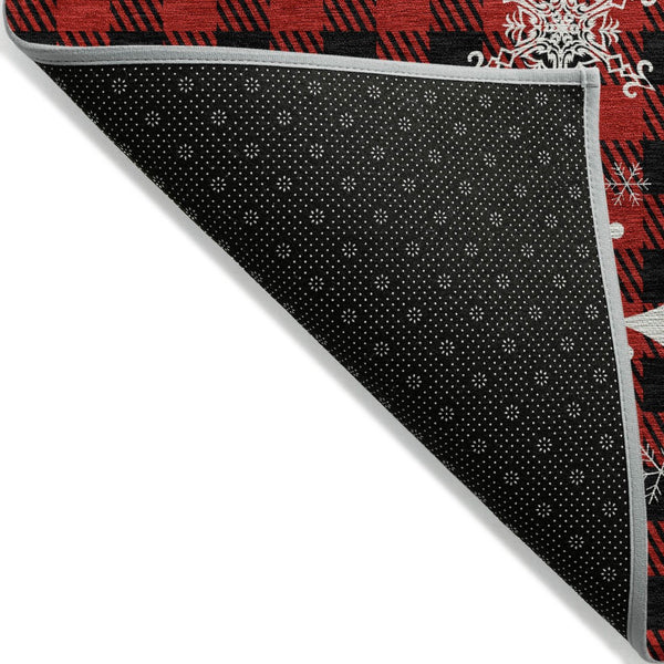 HomeRoots 8' Round Plaid Washable Area Rug in Red, Black & Ivory – Durable, Stylish, Indoor/Outdoor Versatility! 621678