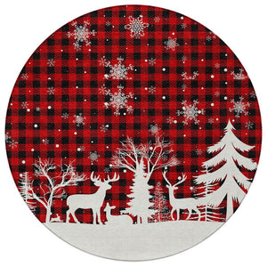 HomeRoots 8' Round Plaid Washable Area Rug in Red, Black & Ivory – Durable, Stylish, Indoor/Outdoor Versatility! 621678