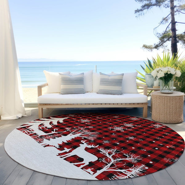 HomeRoots 8' Round Plaid Washable Area Rug in Red, Black & Ivory – Durable, Stylish, Indoor/Outdoor Versatility! 621678