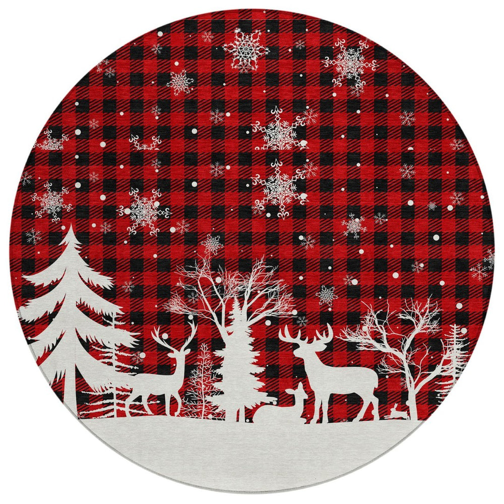 HomeRoots 8' Round Plaid Washable Area Rug in Red, Black & Ivory – Durable, Stylish, Indoor/Outdoor Versatility! 621678
