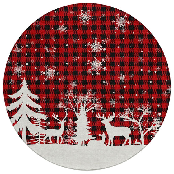 HomeRoots 8' Round Plaid Washable Area Rug in Red, Black & Ivory – Durable, Stylish, Indoor/Outdoor Versatility! 621678