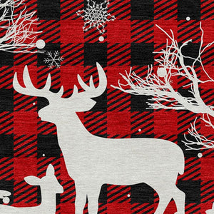 HomeRoots 8' Round Plaid Washable Area Rug in Red, Black & Ivory – Durable, Stylish, Indoor/Outdoor Versatility! 621678
