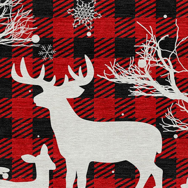 HomeRoots 8' Round Plaid Washable Area Rug in Red, Black & Ivory – Durable, Stylish, Indoor/Outdoor Versatility! 621678