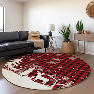 HomeRoots 8' Round Plaid Washable Area Rug in Red, Black & Ivory – Durable, Stylish, Indoor/Outdoor Versatility! 621678