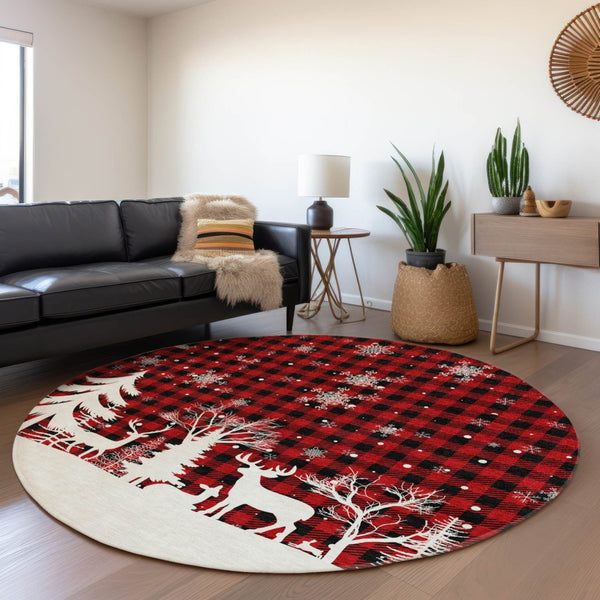 HomeRoots 8' Round Plaid Washable Area Rug in Red, Black & Ivory – Durable, Stylish, Indoor/Outdoor Versatility! 621678