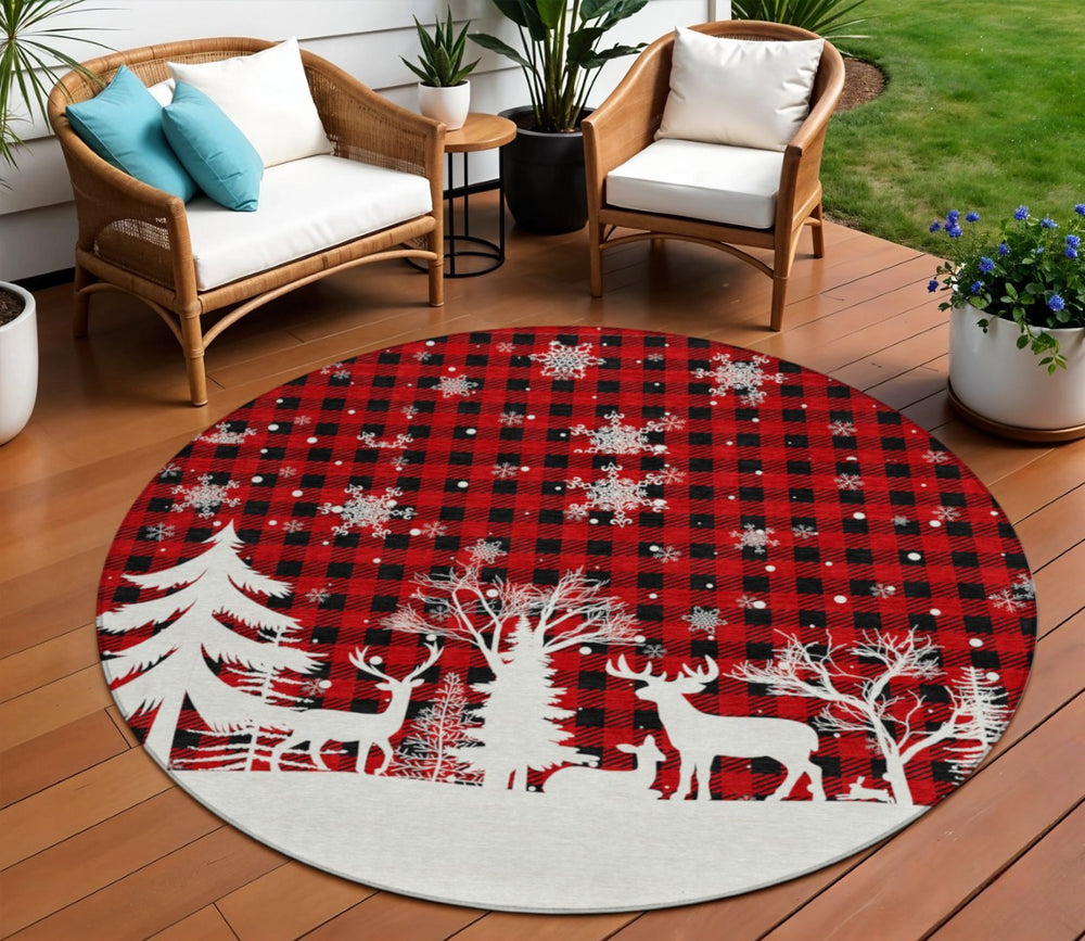 HomeRoots 8' Round Plaid Washable Area Rug in Red, Black & Ivory – Durable, Stylish, Indoor/Outdoor Versatility! 621678