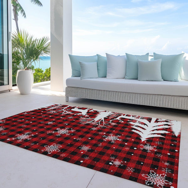 HomeRoots 9' X 12' Washable Plaid Area Rug in Red, Black & Ivory - Durable, Stylish, Indoor/Outdoor Versatility 621680
