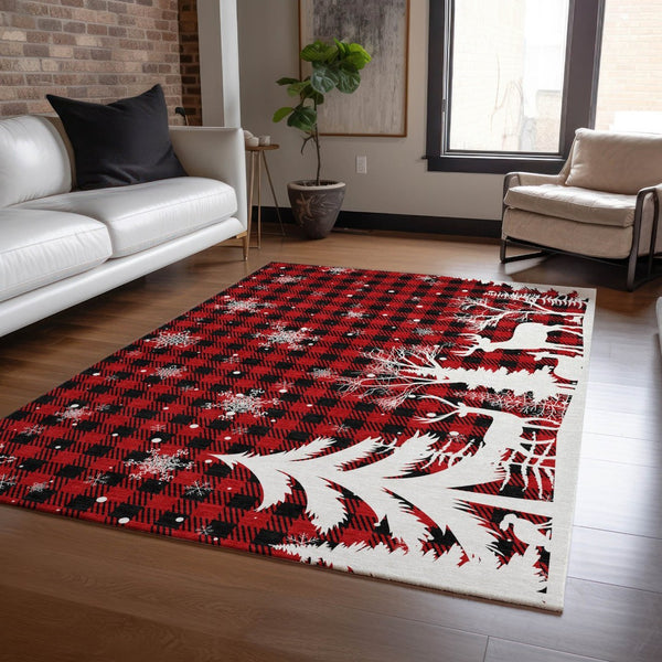 HomeRoots 9' X 12' Washable Plaid Area Rug in Red, Black & Ivory - Durable, Stylish, Indoor/Outdoor Versatility 621680