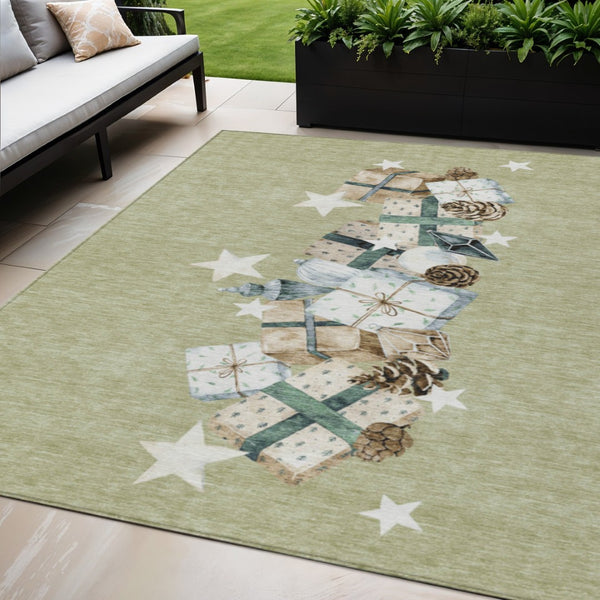 HomeRoots 5' X 8' Washable Indoor/Outdoor Area Rug in Artichoke Green, Beige, Ivory & Taupe - Durable Style 621689